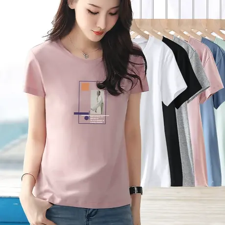 胭脂粉色修身t恤女夏季纯棉基础款图案印花上衣简约百搭圆领短袖图片