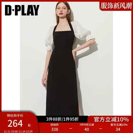 DPLAY女装复古黑色拼白撞色方领拼接鎏光纱长袖连衣裙裙子女图片