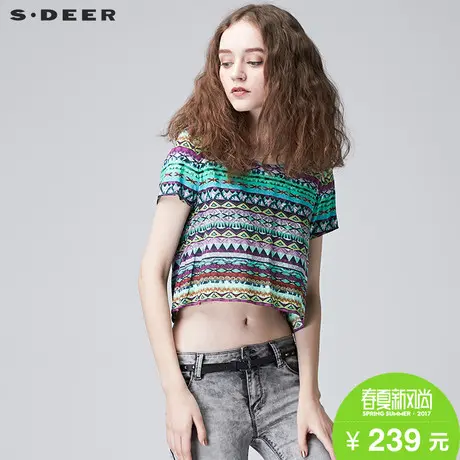 s.deer【新品】圣迪奥女装民族风图腾印花短款圆领上衣S17280105图片