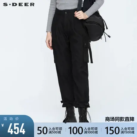 sdeer圣迪奥冬季个性松紧拼接收口时尚黑色工装休闲裤女S20480831图片