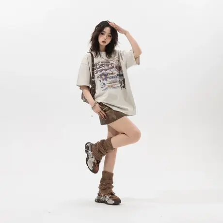 YEP美式复古涂鸦风纯棉短袖t恤女夏季2025新款宽松半袖情侣装上衣商品大图