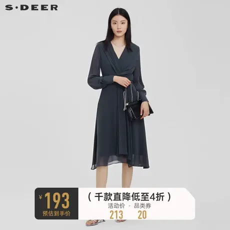 sdeer圣迪奥女装V领不规则雪纺垂坠感气质长袖连衣裙秋S223Z127K🧐商品大图