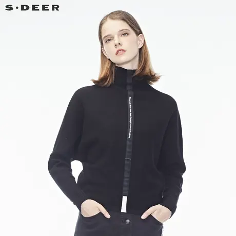 sdeer圣迪奥春装女装半高领蝙蝠袖字母织带长袖黑色毛衣S18383561图片