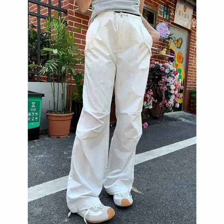 尔给宽松高腰休闲女直筒抽绳设计感褶皱纯色长裤子图片