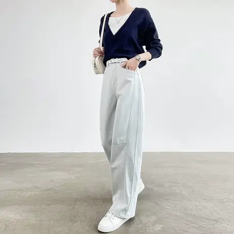 复古奶白色牛仔弯刀裤女夏季薄款高腰宽松显瘦百搭垂感直筒阔腿裤商品大图