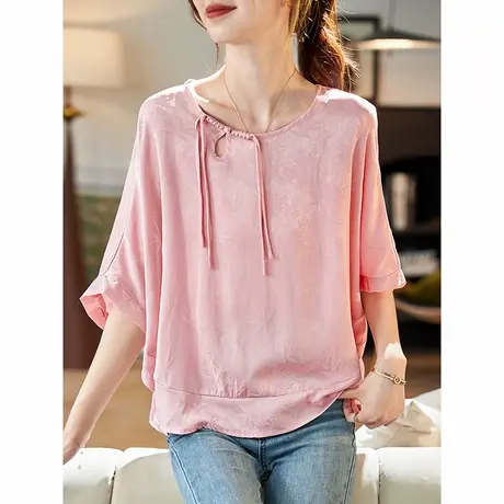 宝诗黎蝙蝠袖宽松提花雪纺衫2025夏季新中式气质宽松大码小衫女图片