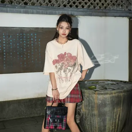 YEP国潮复古水彩画t恤女2025新款印花纯棉短袖上衣宽松新中式半袖图片