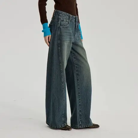 omont蛋挞家 复古水洗做旧牛仔裤春季高腰直筒显瘦宽松阔腿裤子商品大图