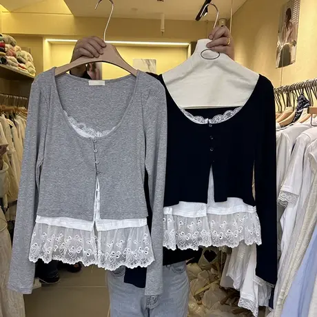 甜辣风假两件T恤长袖女春季韩版套头蕾丝拼接修身洋气显瘦打底ins商品大图