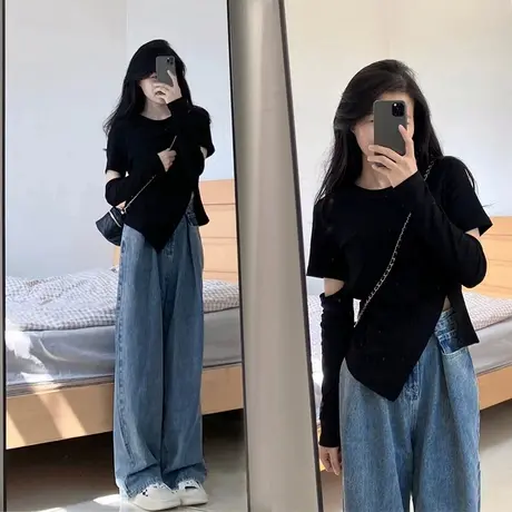 不规则开叉下摆长袖T恤女春秋季韩版修身显瘦破洞镂空纯棉上衣潮商品大图
