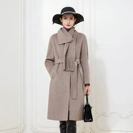 希区瑞普法式复古可拆卸流苏围巾双面呢羊毛大衣女中长款毛呢外套图片