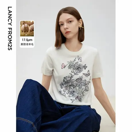 朗姿羊毛刺绣针织短袖高级感打底上衣2025年春季新款内搭毛针织衫商品大图