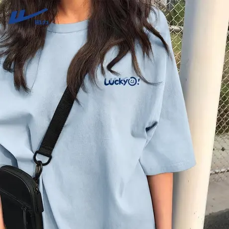 回力短袖t恤女2025新款夏季大码女装女士休闲半袖纯棉蓝色上衣服A图片