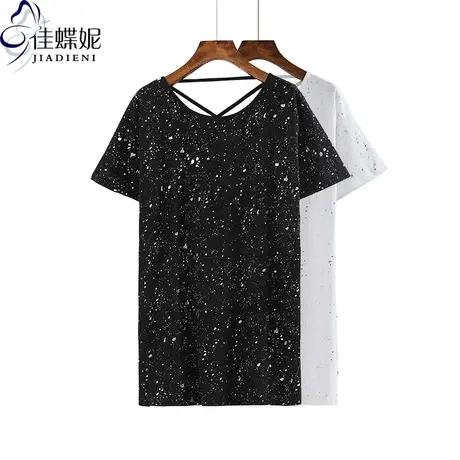 夏季中长款星空交叉露背宽松大码短袖体恤打底韩版内搭亮片休闲女图片