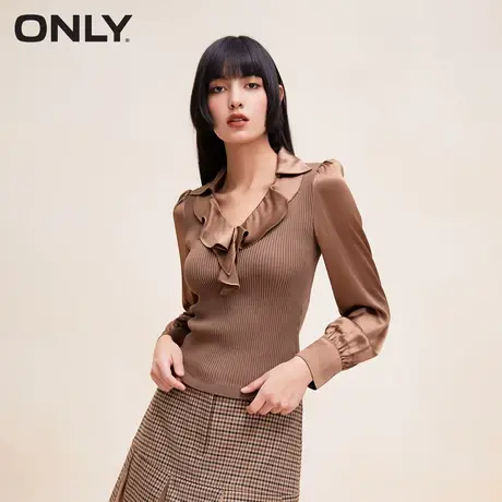 ONLY奥莱夏季时尚通勤V领泡泡袖拼接短款雪纺衫女商品大图