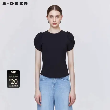 sdeer圣迪奥休闲圆领抽褶宫廷袖T恤S21280109图片