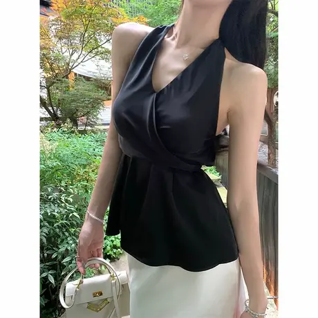 韩语琳 6/18 法式黑色缎面挂脖V领上衣女夏季气质设计感收腰衬衣图片