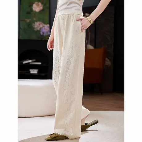 宝诗黎松紧腰阔腿镂空休闲裤2025夏季宽松显瘦百搭拖地直筒长裤女商品大图