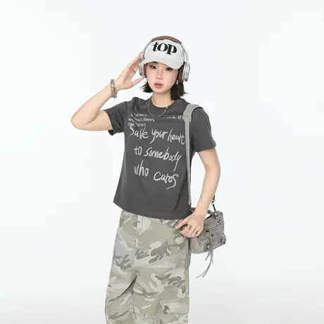 2025夏季潮牌字母印花短袖正肩T恤女街头ins风修身圆领半袖上衣图片