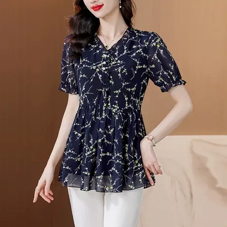 今年流行新款上衣2025夏季洋气时髦胖MM遮肚显瘦宽松印花雪纺衫女商品大图