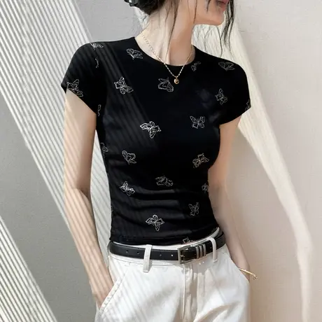 莱赛尔天丝圆领蝴蝶烫钻短袖T恤女夏季外穿正肩别致修身显瘦上衣图片