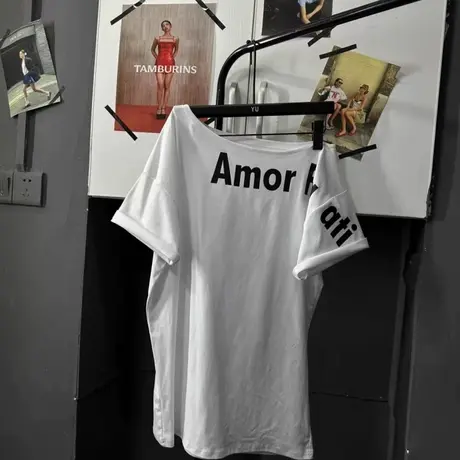 韩国东大门夏季新款时尚美式百搭显瘦字母斜领露肩短袖T恤上衣女商品大图