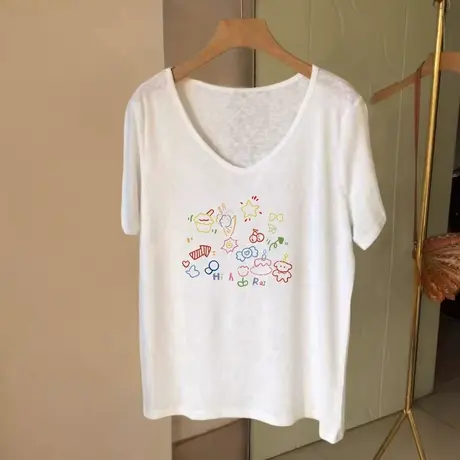 超火cec独特漂亮短袖t恤女v领正肩设计感大码胖mm白色上衣体恤衫商品大图