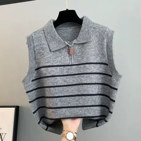 韩系复古翻领拉链条纹针织背心毛衣女秋冬内搭外穿气质坎肩上衣潮商品大图