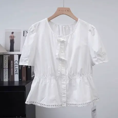 韩系收腰显瘦短袖衬衫女2025年夏新款韩版甜美系带衬衣套头娃娃衫商品大图