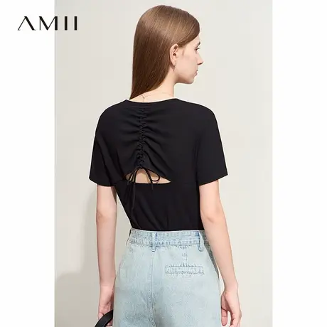 Amii2025夏新款极简新款纯色圆领短袖后抽绳镂空弹力罗纹T恤女商品大图