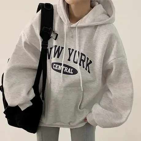 韩国chic春秋复古气质抽绳连帽设计休闲宽松百搭长袖字母印花卫衣商品大图
