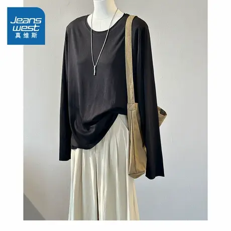 XB真维斯女装2025夏季新款宽松休闲舒适日系百搭净色长袖T恤女商品大图