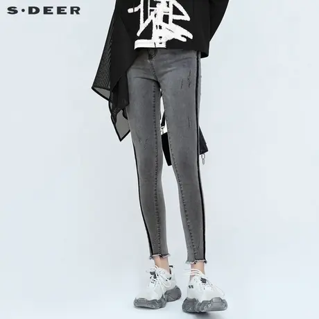 sdeer圣迪奥夏装个性铆钉拼接毛边紧身牛仔裤女S21280802商品大图