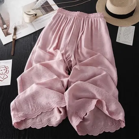 拉夏贝尔轻薄刺绣镂空阔腿裤女2025新款女夏宽松显瘦高级感裤图片