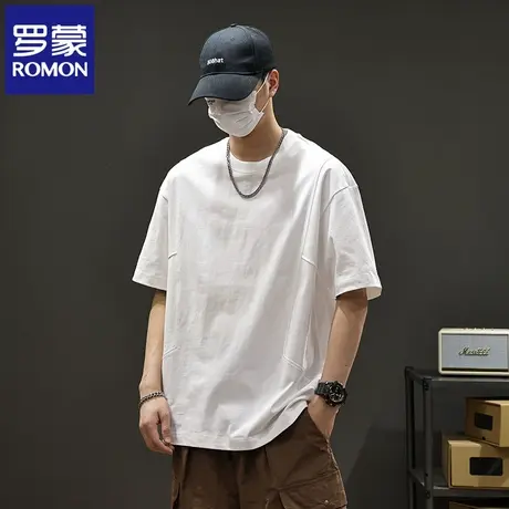 罗蒙2025夏季新款美式T恤衫纯棉宽松休闲百搭男士拼接短袖上衣N1Z商品大图