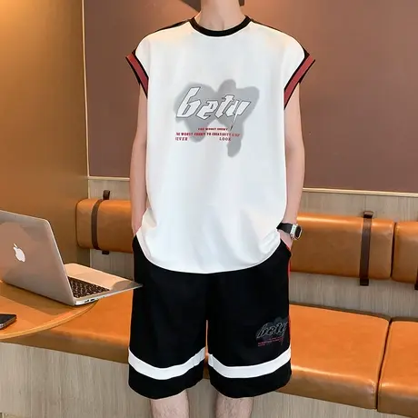 冰丝无袖T恤男夏季美式篮球服套装坎肩背心潮牌高街运动速干两件图片