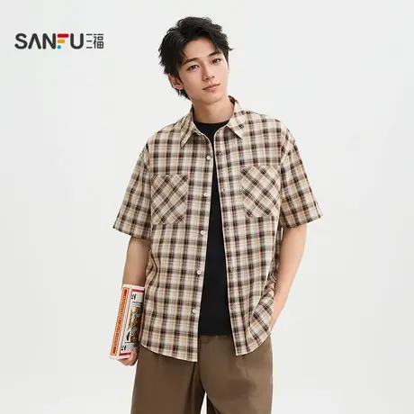 三福2025秋季男士格子短衬衫 都市休闲时尚微落翻领上衣506135商品大图