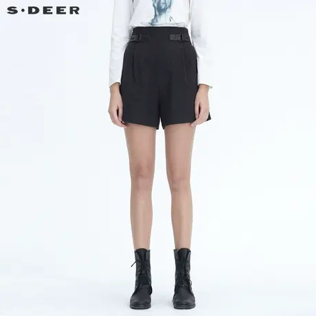 sdeer圣迪奥女装时尚皮质拼接宽松毛呢高腰A字短裤秋冬S20480902图片