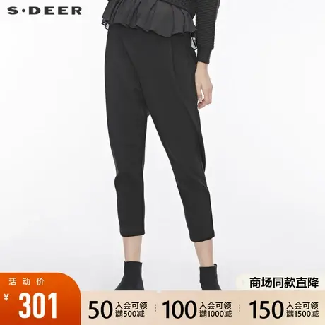 sdeer圣迪奥女装冬装休闲暗褶插袋拼接纯黑九分休闲裤女S19480870图片