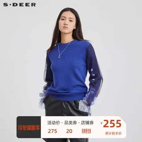 sdeer圣迪奥女装罗纹圆领网纱印花拼接针织衫S224Z3522图片