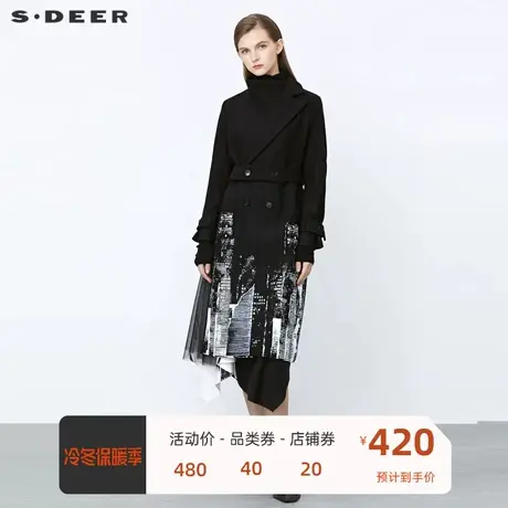 sdeer圣迪奥女装不规则领双排扣收腰网纱印花毛呢大衣S21481819图片