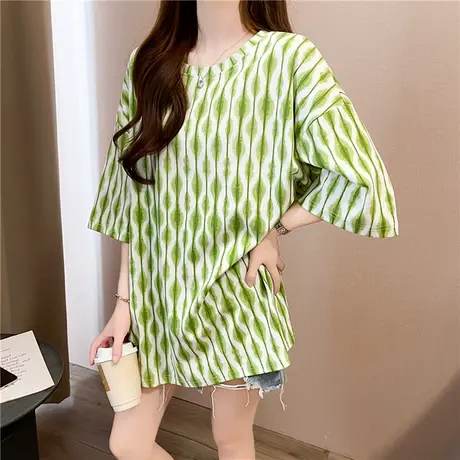 2024新款夏季大码t恤女短袖大码女装显瘦中长款宽松韩版印花上衣图片