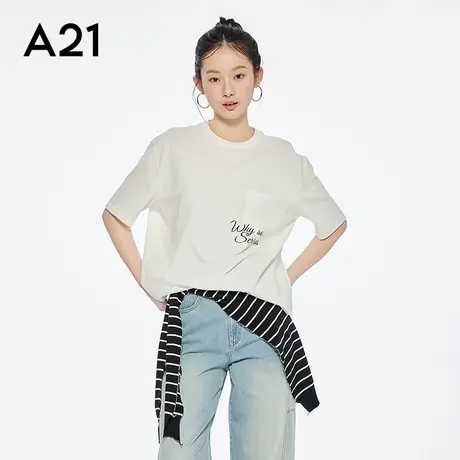 a21女装宽松简约印花字母短袖t恤夏季新款圆领显瘦大口袋女款上衣图片