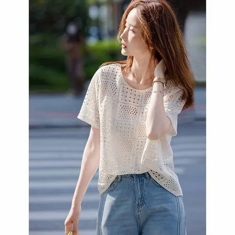 时尚气质短袖T恤2025年夏季新款女圆领简约大气镂空套头上衣商品大图