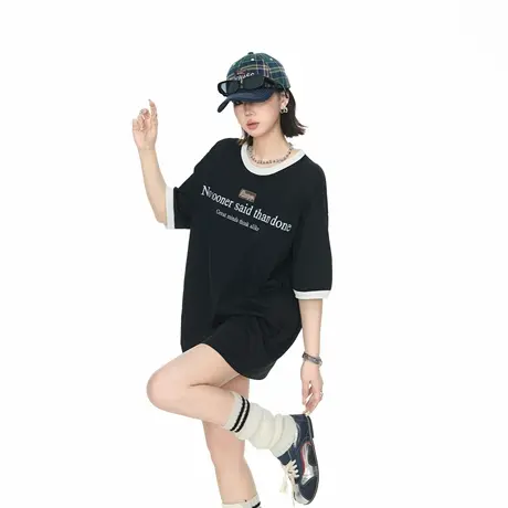 2025新款宽松撞色印花短袖T恤女夏季潮牌情侣款ins街头风半袖上衣图片