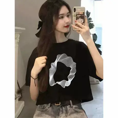 网红爆款夏季黑色显瘦修身短款上衣女法式小众露脐正肩短袖T恤衫商品大图