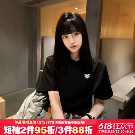 甜酷风宽松显瘦黑色正肩t恤女短袖小众超火设计感潮牌半袖上衣夏商品大图