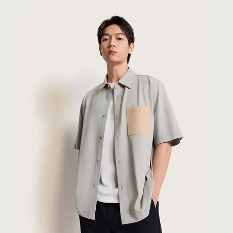 TRENDIANO涤棉拼皮短袖衬衫男士夏季薄款上衣1ST2010480商品大图