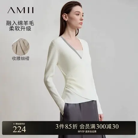 Amii2025秋新款极简知性撞色套头V领修身弹力百搭套头毛衣女商品大图
