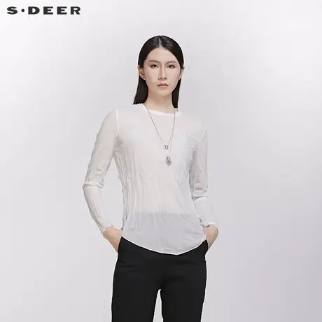 sdeer圣迪奥春秋黑白不规则褶皱雪纺长袖修身打底T恤女S20180203🥁商品大图